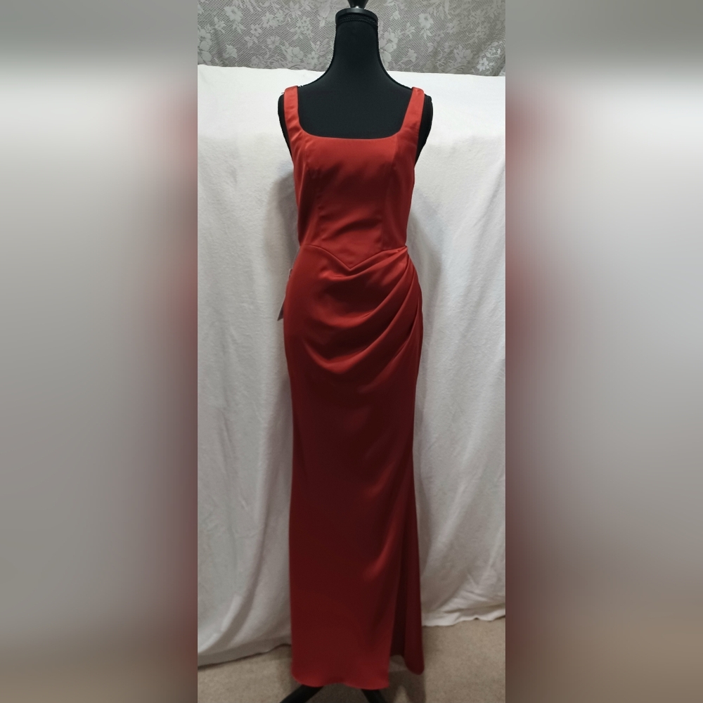 NWT Azazie Mero Rust Sheath Pleated Stretch Satin Dress Size A2